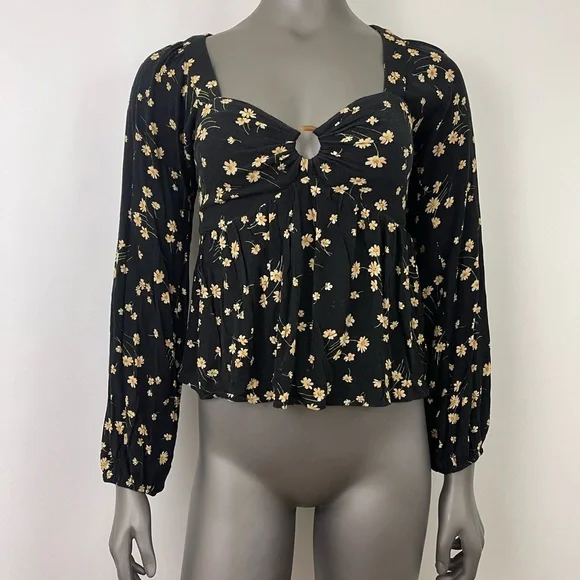 American Eagle Outfitters Blouse Womens S Black w. Yellow Floral Puff Sleeve Top - Picture 4 of 14
